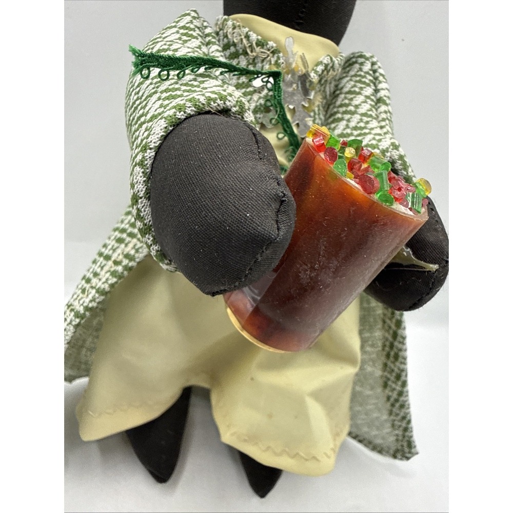 Vintage Handmade Folk Art Black Cloth Doll Green Tweed Coat Dress Cup of Candy - Picture 6 of 12